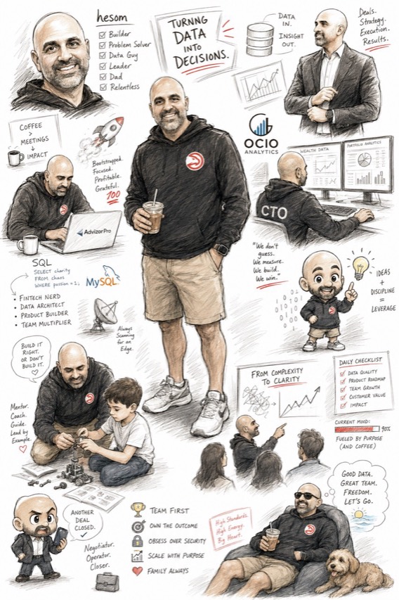 Illustrated collage of Hesom Parhizkar as a builder, product leader, data operator, and father